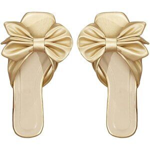 Women's Bow Gold Square Open Toe Breathable Slip On Slide Sandals Flat Shoes